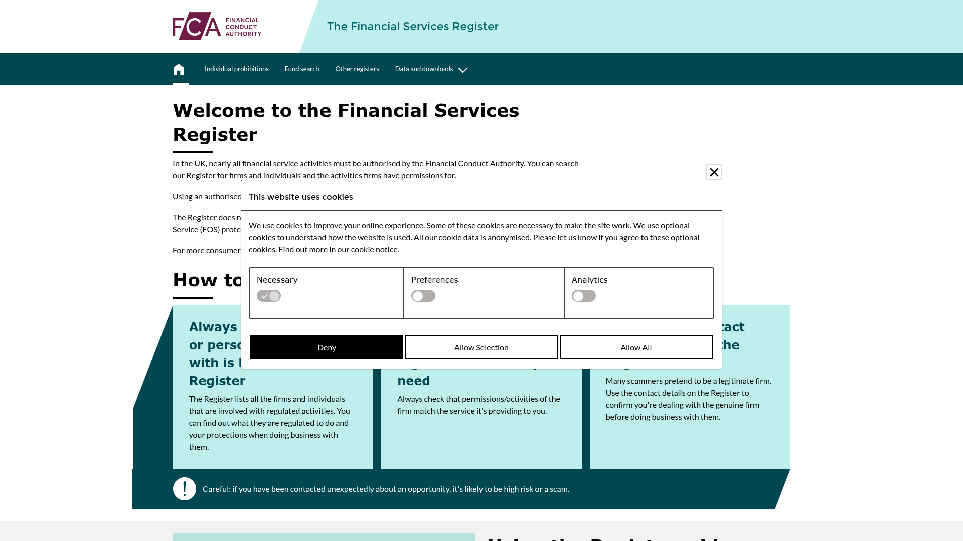The FCA's Financial Services Register search page