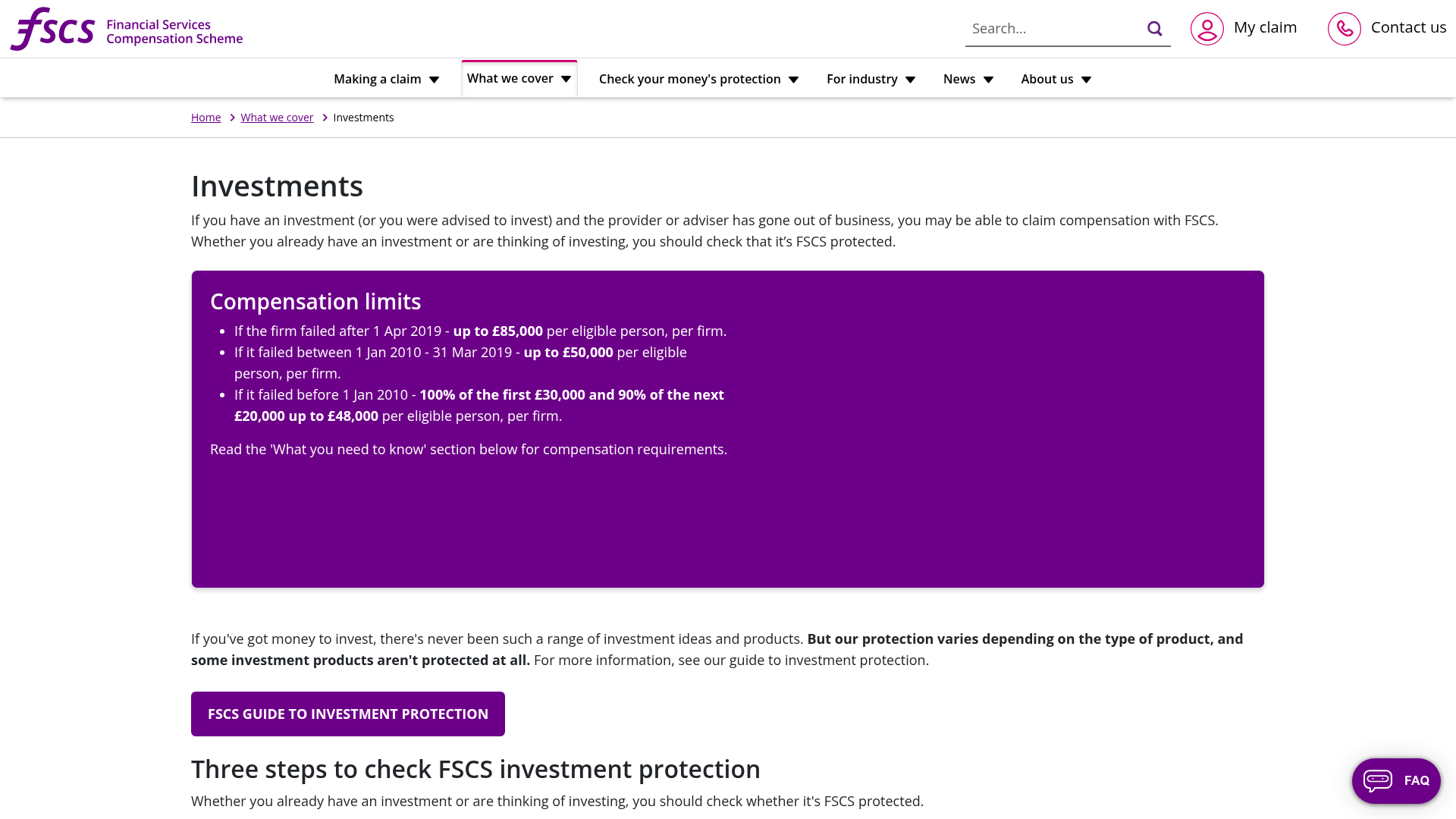 The FSCS explanation of investment compensation limits